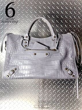 Balenciaga Croc Embossed Moto Medium City Bag in Grey